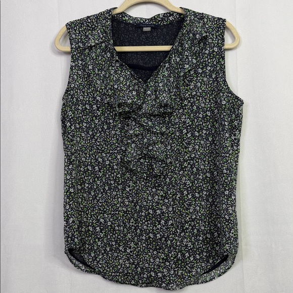 Tommy Hilfiger Tops - Tommy Hilfiger Navy Blue Floral Ruffle Split Neck Lined Sleeveless Blouse